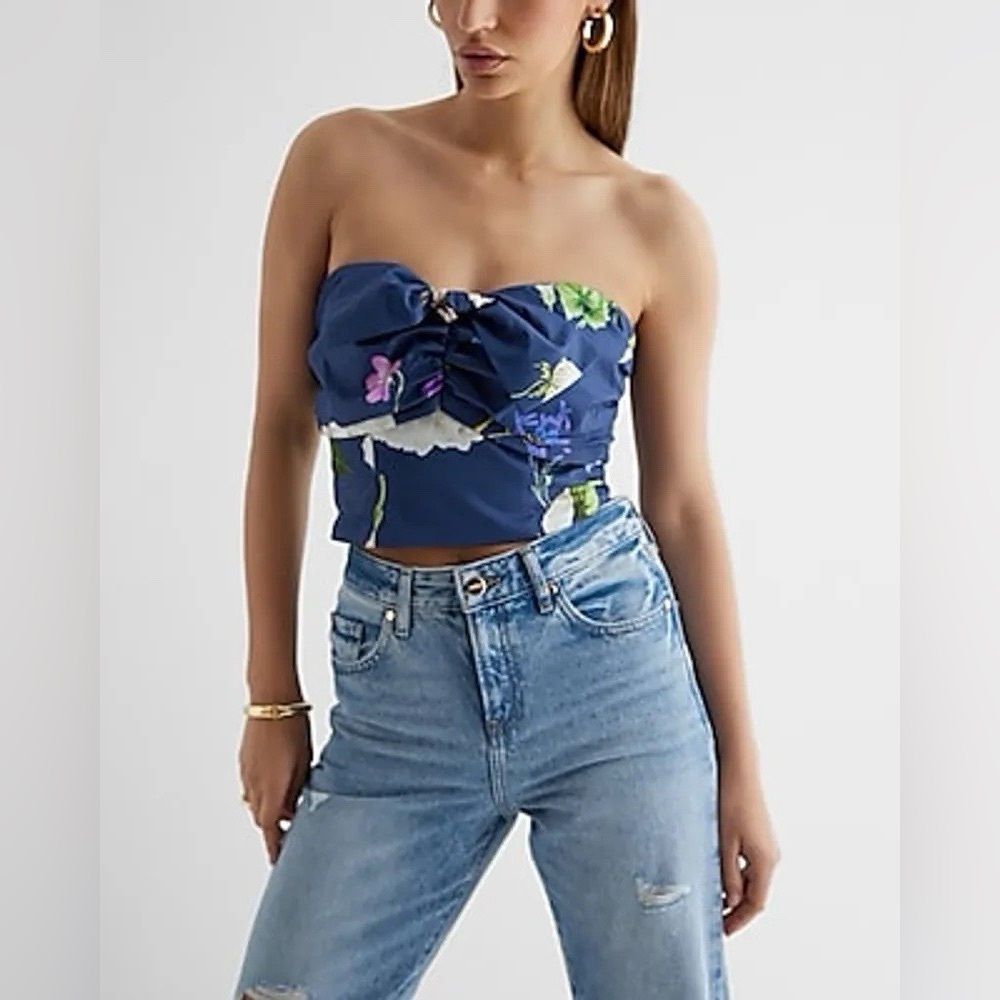 Express Floral Printed‎ Cropped Strapless Top Blue XS nwt